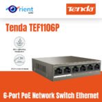 Tenda TEF1106P 6-Port PoE Network Switch Ethernet Switch Hub 4 PoE Ports 63W, Plug and Play for Office Network, Home Network(TEF1106P-4-63W)
