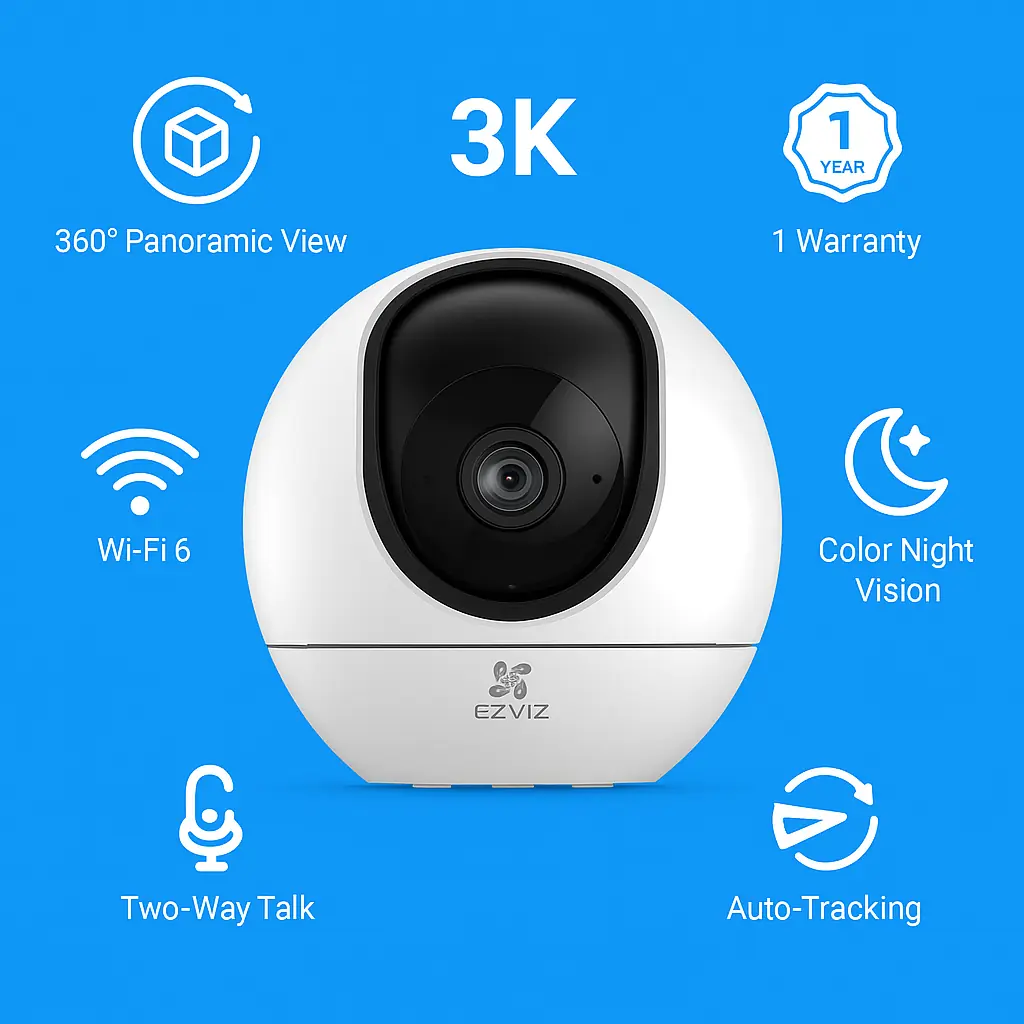 EZVIZ 5MP 3K Indoor Camera with 360° view, Wi-Fi 6, Auto-Tracking and Color Night Vision Icons