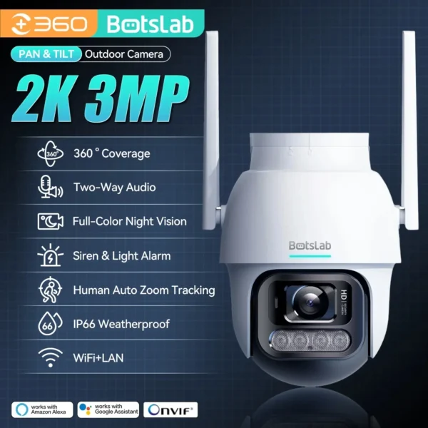 Botslab 2K 3MP HD Outdoor Camera Wireless PTZ Smart Home Wi-Fi Camera CCTV Night Vision Siren and Light Alarm IP66 Weatherproof