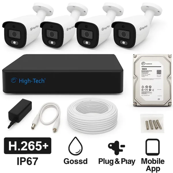 High Tech 4-Channel 2MP CCTV Kit – 4 Bullet Cameras + XVR HT4004 + 500GB HDD | H.265+ | IP67 | Mobile App | Plug & Play – Full HD Security System Pakistan
