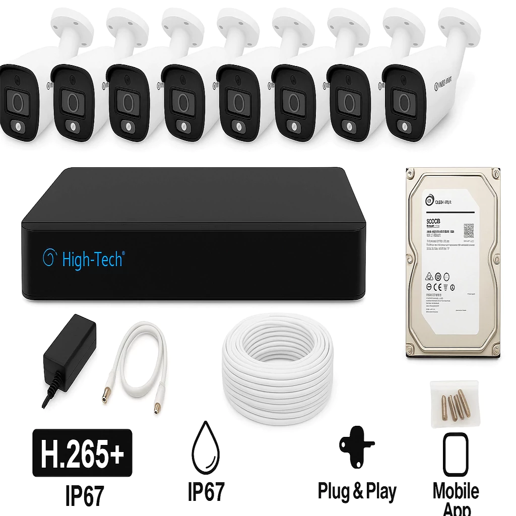 8Ch System main High Tech 8-Channel 2MP CCTV Kit – 4 Bullet Cameras + XVR HT4008 + 500GB HDD | H.265+ | IP67 | Mobile App | Plug & Play – Full HD Security System Pakistan - Image 1