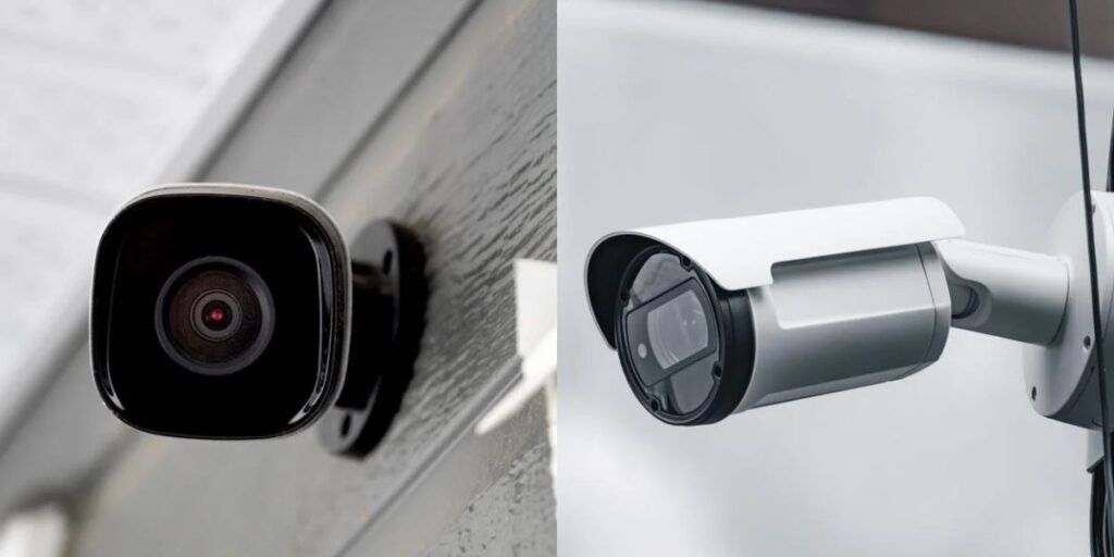 Two types of outdoor CCTV security cameras mounted on walls for surveillance.