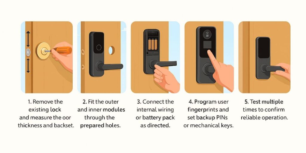 Step-by-step guide showing fingerprint door lock installation process with illustrations