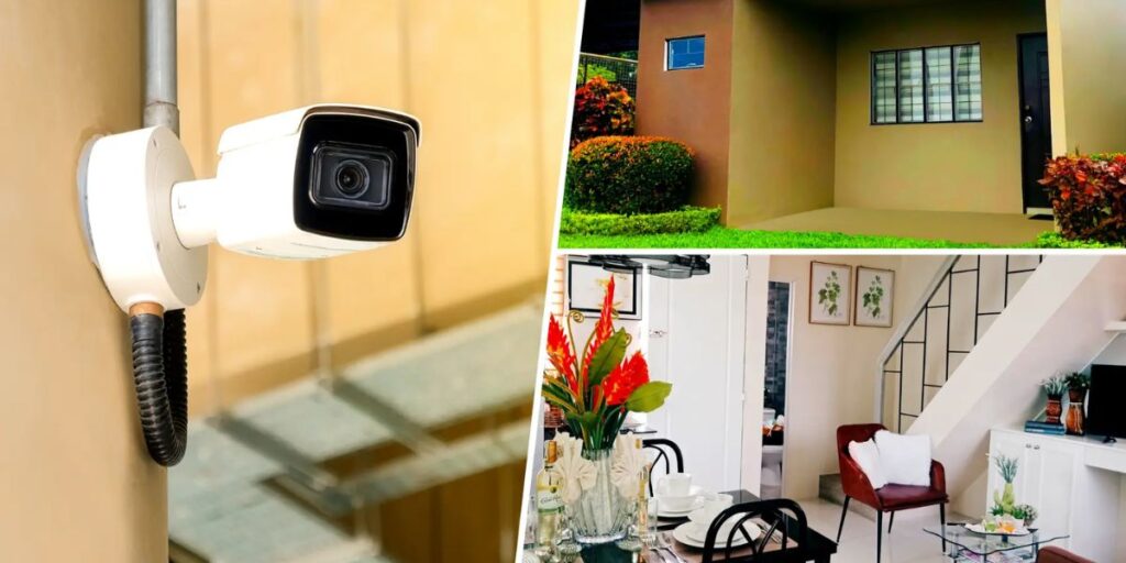 CCTV security camera installed outside home with images of house exterior and interior rooms