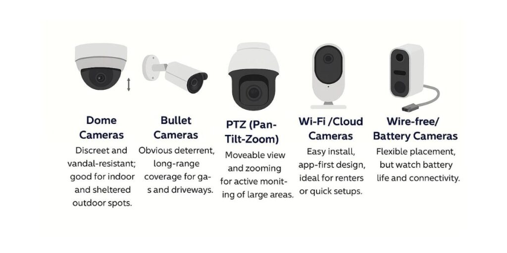 Illustration showing types of CCTV cameras: dome, bullet, PTZ, Wi-Fi/cloud, and wire-free battery.