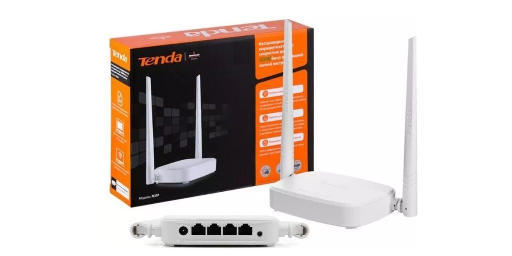 Tenda N301 wireless WiFi router with two antennas shown beside its packaging box and rear ports