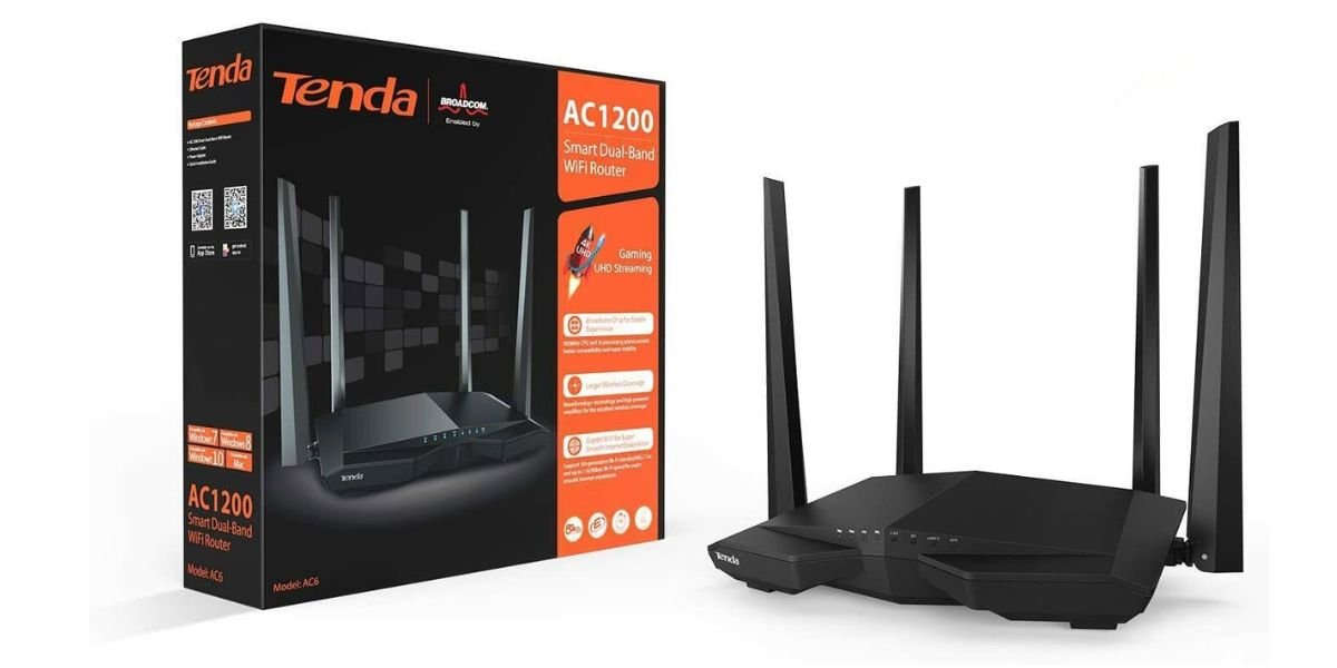 Tenda AC1200 smart dual-band WiFi router with four antennas shown beside its packaging box