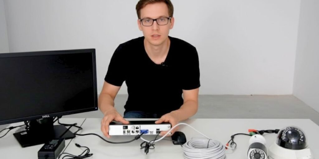 A man with glasses and a black shirt sits at a desk with a monitor, DVR, cables, and two security cameras.