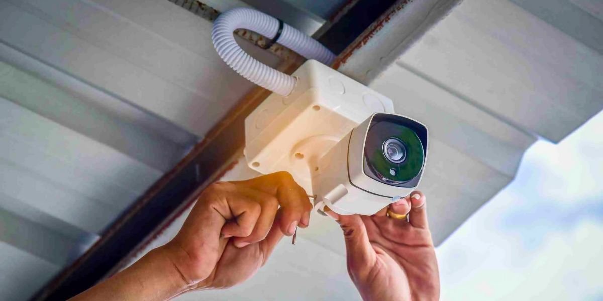 Hands mount a white CCTV security camera** and a junction box under a corrugated roof or eave.