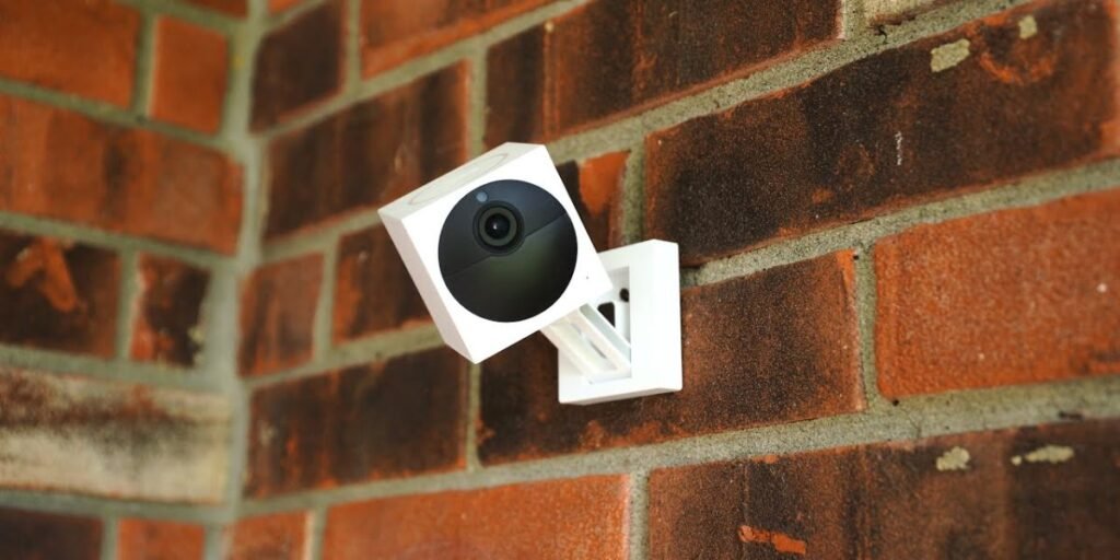 A CCTV camera mounted on the right watches a suburban street and large house under a clear sky