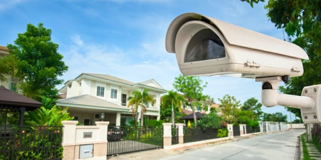 A CCTV camera monitors a suburban street with houses and lush greenery under a clear blue sky.