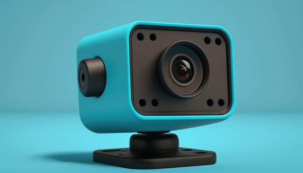 A small, square, bright turquoise and black compact security or dash camera on a blue background
