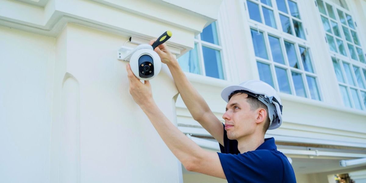 Man in a hard hat installing a white CCTV camera on the exterior wall of a building