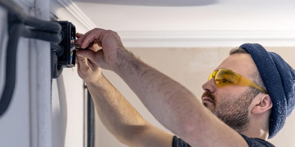 Technician in safety glasses and a beanie working on electrical wiring in a wall-mounted junction box