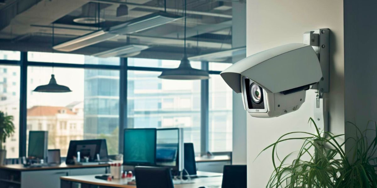 A modern CCTV camera mounted on a wall in a bright, open-plan office setting with large windows