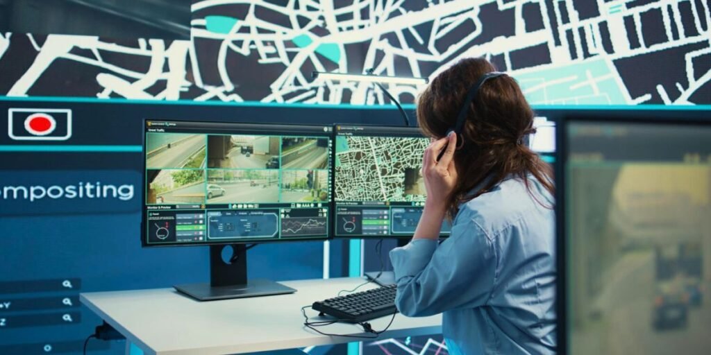 Woman wearing a headset monitoring multi-screen CCTV footage and a city map in a control room