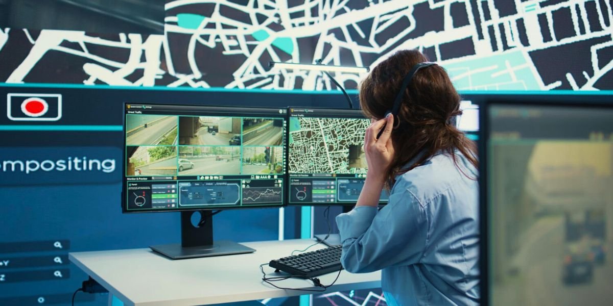 Woman wearing a headset monitoring multi-screen CCTV footage and a city map in a control room