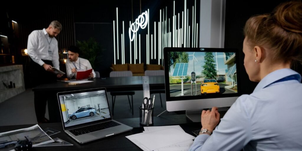 Woman looking at a computer screen showing an electric car charging station with solar panels