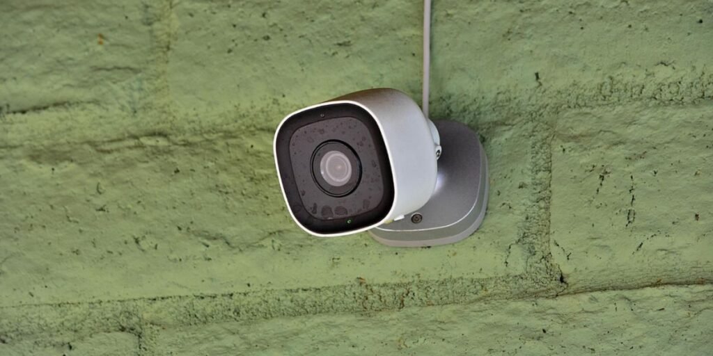 Outdoor bullet-style security camera mounted on a rough green brick or stucco wall