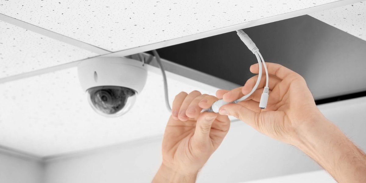 Hands connecting CCTV camera wires, feeding them into a dropped ceiling for a clean, hidden installation