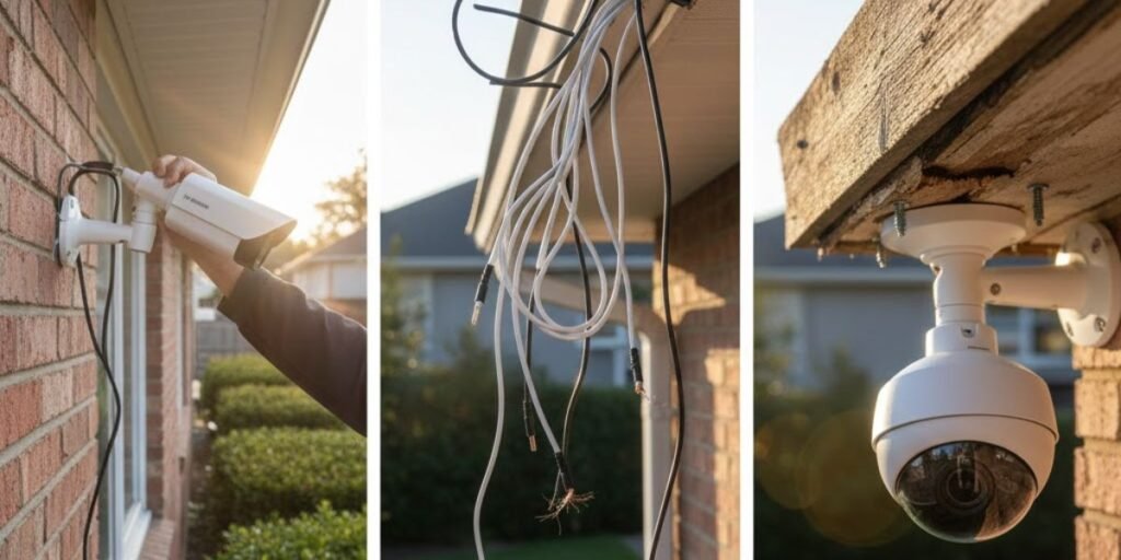 A three-panel image showing common CCTV installation mistakes like poor wiring and mounting.