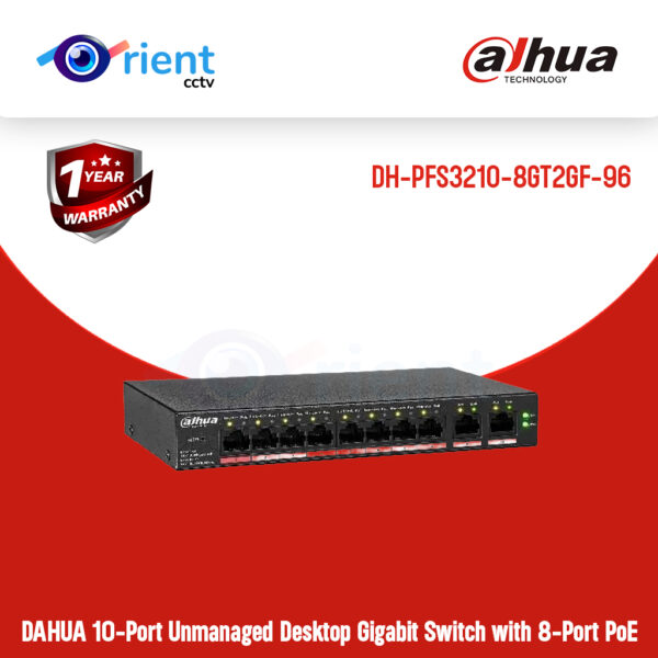 DH-PFS3210-8GT2GF-96 DAHUA 10-Port Unmanaged Desktop Gigabit Switch with 8-Port PoE