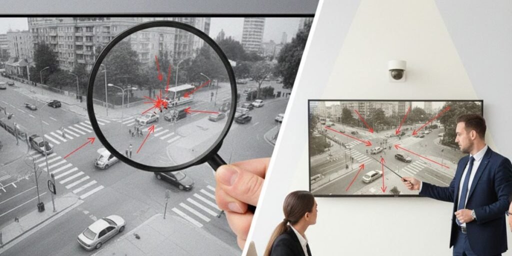 A hand uses a magnifying glass over traffic footage next to a legal presentation of the same scene