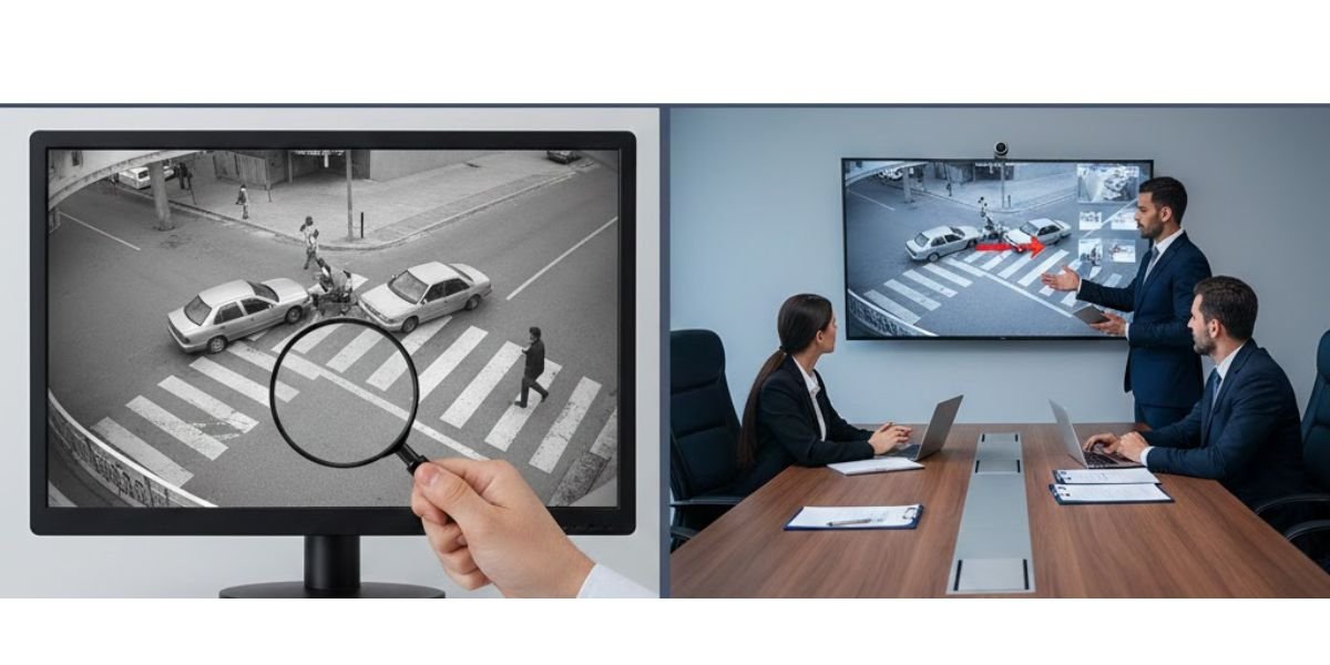 A split image shows a hand using a magnifying glass on CCTV footage and a legal meeting