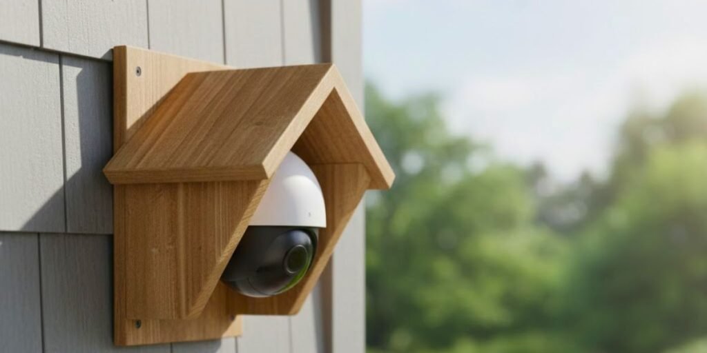 An outdoor security camera mounted on a wall inside a small wooden gabled protective housing.