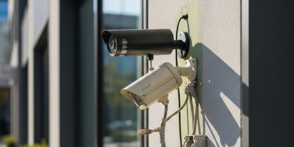 A modern black bullet camera mounted above an older, weathered white security camera on a wall