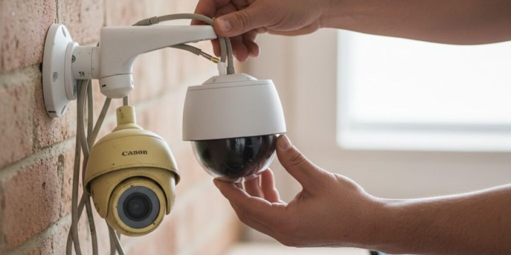 A person installs a new dome security camera next to an old, yellowed Canon CCTV camera on a wall