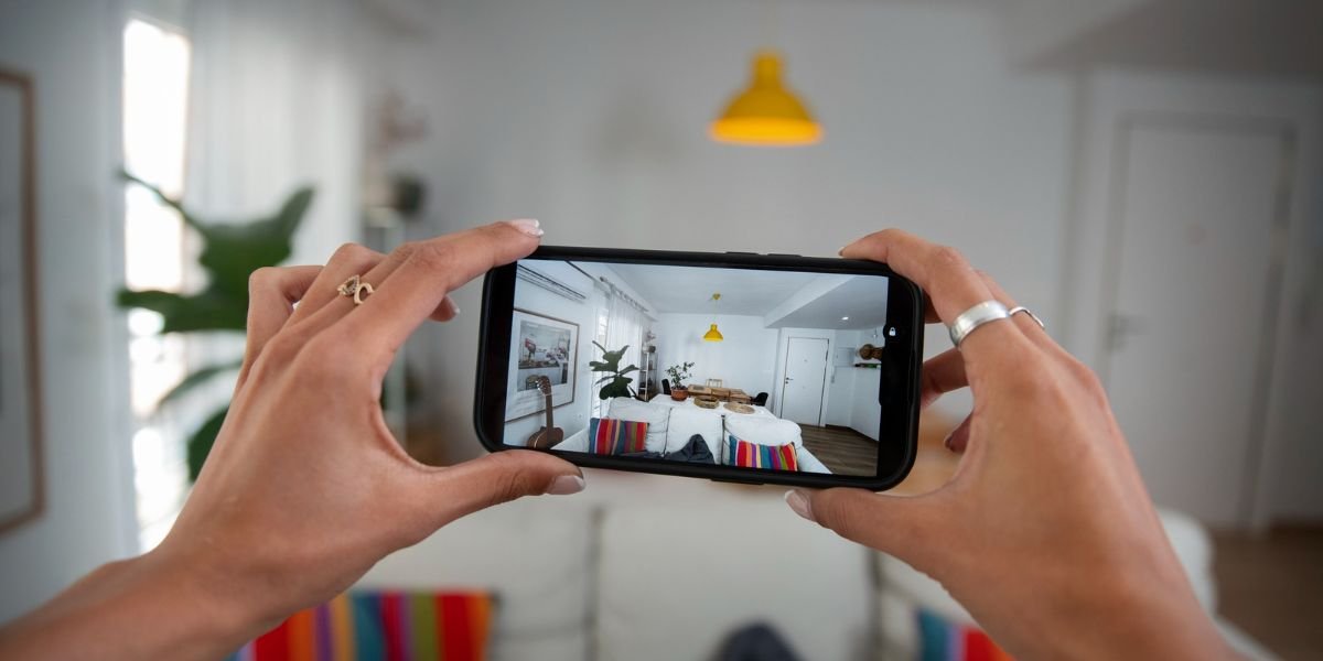 Hands hold a smartphone displaying a real-time live video feed of a bright, modern living room
