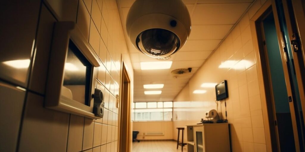 A large dome security camera mounted on the ceiling of a long, dimly lit institutional hallway.