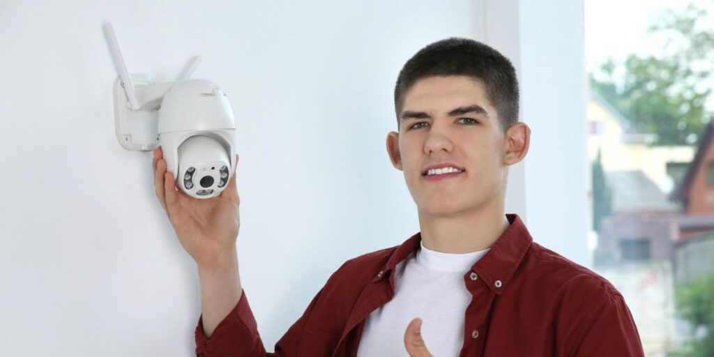 A man installs a white dome security camera on a wall next to an older, yellowed CCTV camera
