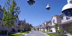 A wide-angle view of a suburban street with three large security cameras digitally edited to float in the clear sky.