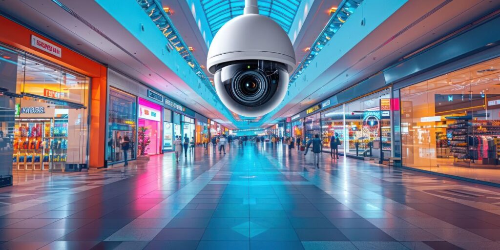 Large white dome security camera suspended from the ceiling in a brightly lit, modern shopping mall with many stores.