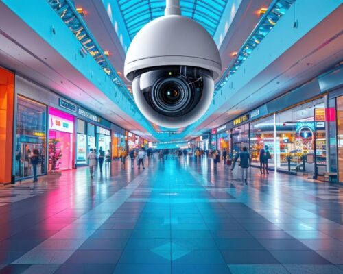 Large white dome security camera suspended from the ceiling in a brightly lit, modern shopping mall with many stores.