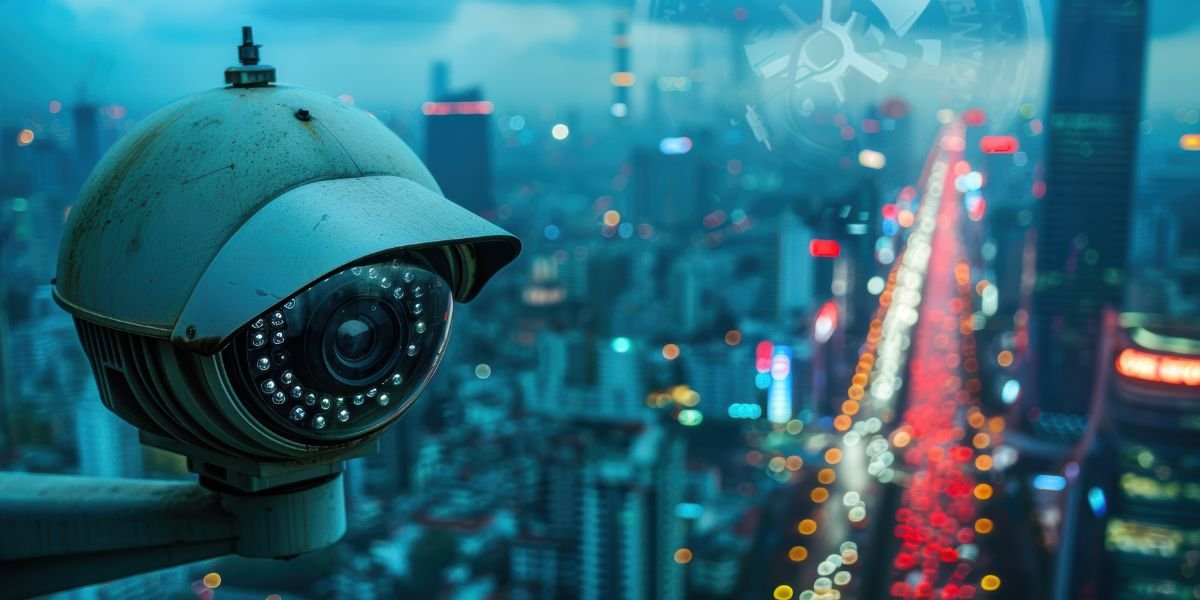 Close-up of a CCTV camera with infrared LEDs overlooking a blurry, glowing city skyline and busy highway at night.