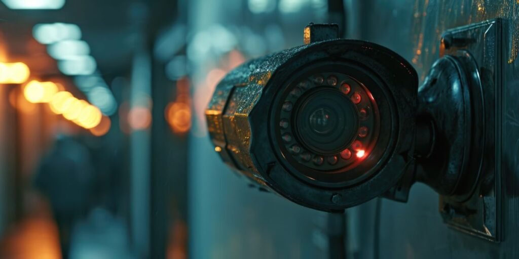 Close-up of a damp security camera with glowing red infrared lights mounted in a dark, bokeh-lit urban hallway.