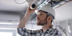 A technician in a hard hat and plaid shirt installs a white security camera onto a ceiling with exposed wiring.