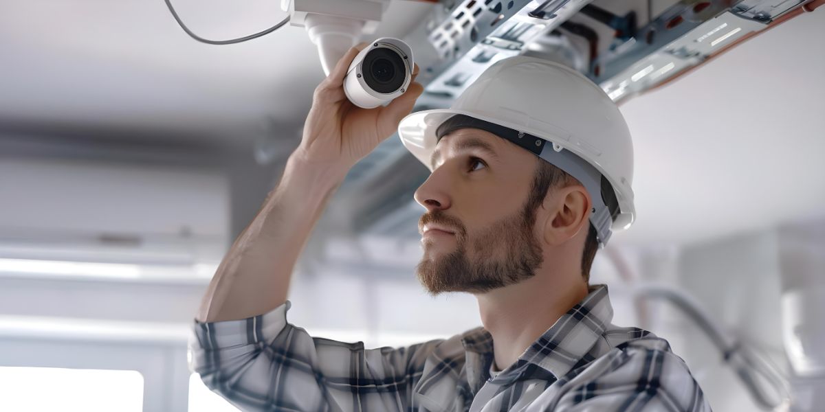 A technician in a hard hat and plaid shirt installs a white security camera onto a ceiling with exposed wiring.