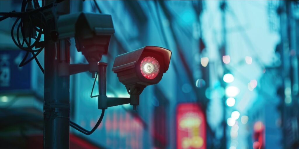 A outdoor security camera with glowing red infrared lights mounted on a pole against a blurry blue urban backdrop.