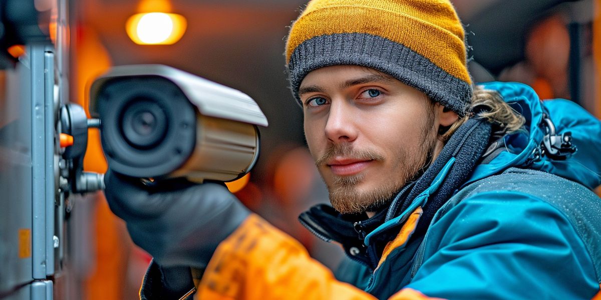A technician in a yellow beanie and blue jacket carefully installs a security camera onto a wall in a warehouse.