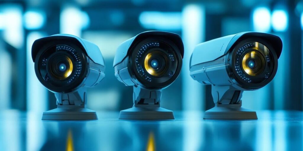 Three black bullet security cameras with glowing yellow lenses lined up on a reflective surface in a blue-lit room.