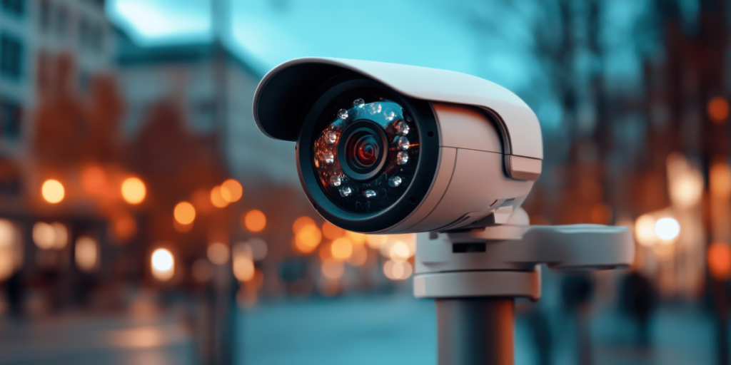 White outdoor security camera mounted on a pole, overlooking a city street with warm, blurry night lights.