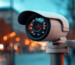 White outdoor security camera mounted on a pole, overlooking a city street with warm, blurry night lights.