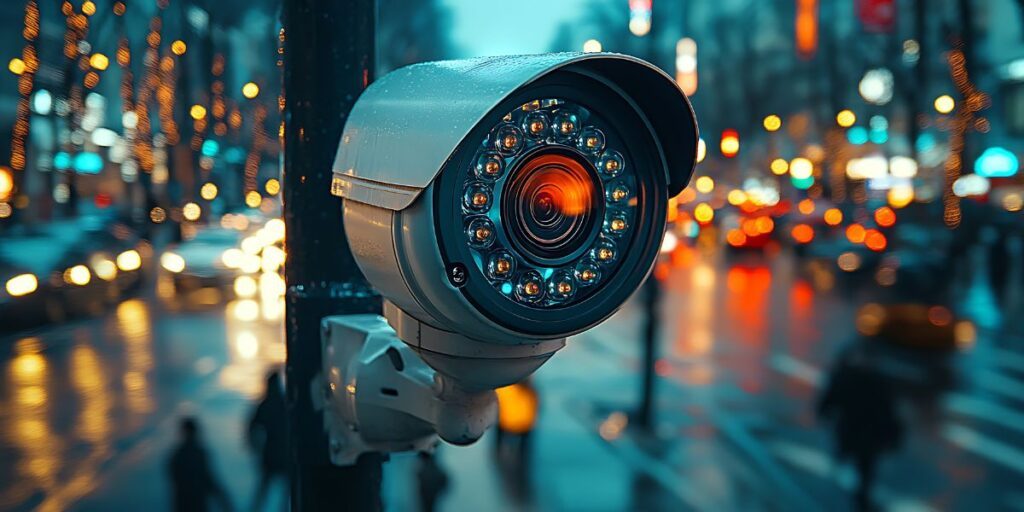 A white CCTV camera mounted on a pole overlooks a busy city street at night with colorful bokeh lights and traffic.