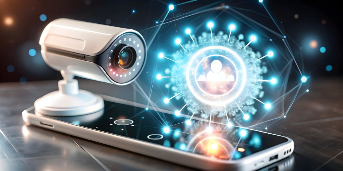 A white CCTV camera sits on a smartphone with a glowing blue digital facial recognition icon and network patterns.