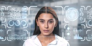 Woman's face centered in a digital HUD with scanning boxes, data graphs, and biometric icons for AI facial recognition.