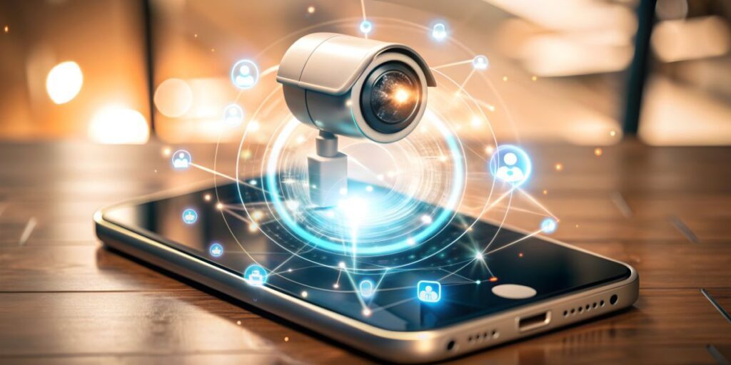 A white CCTV camera hovers over a smartphone, featuring glowing digital icons and blue light-webbing on a wood desk.